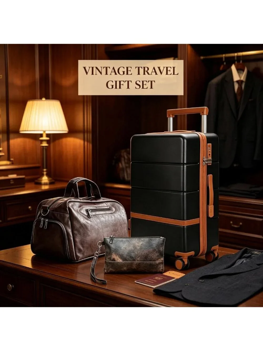 3-Piece Carry-On Luggage Set, Hard Shell Suitcase & Vintage Duffel Bag Combo